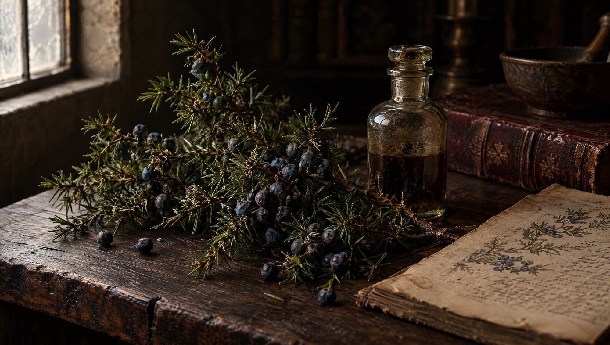 A wild juniper branch with berries beside an old apothecary bottle and herbal book