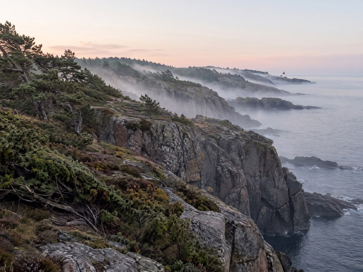 The granite coast of Bornholm in pale morning light, with a small lighthouse in the distance