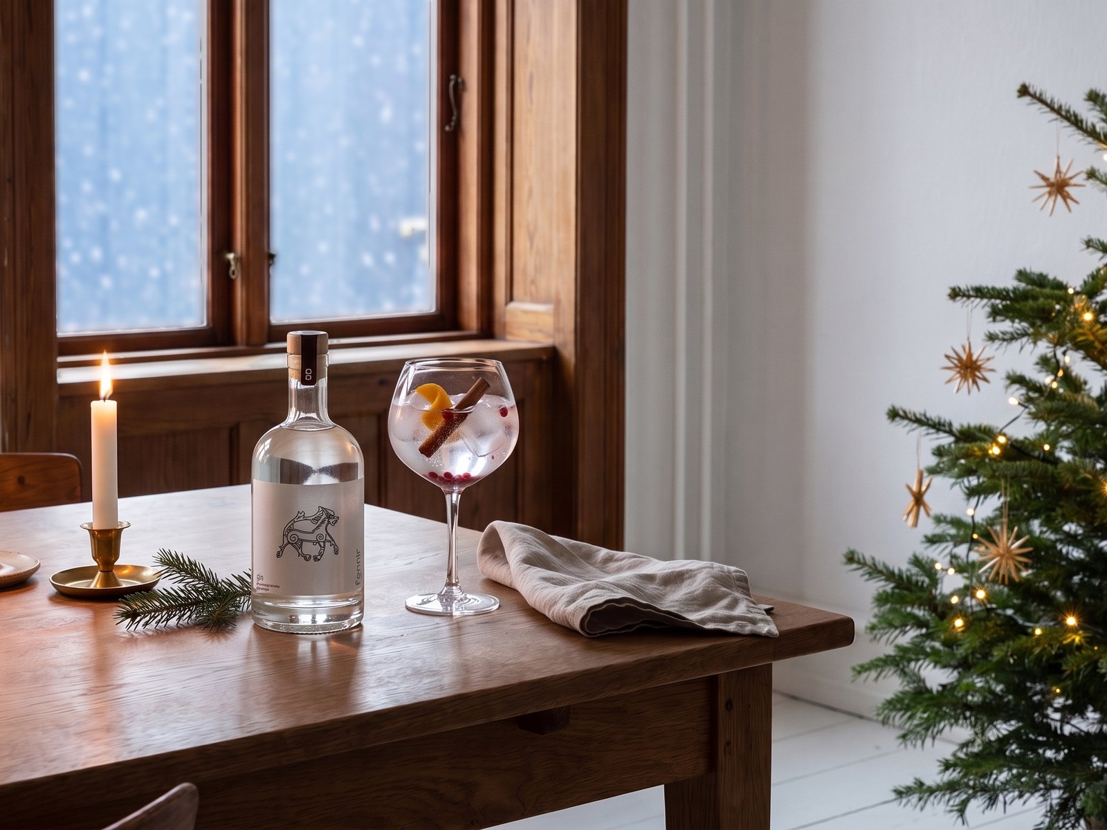 En flaske Fenrir gin og en krydret gin og tonic på et gammelt egebord ved et vindue med sne, tændte lys og et enkelt juletræ med halmstjerner