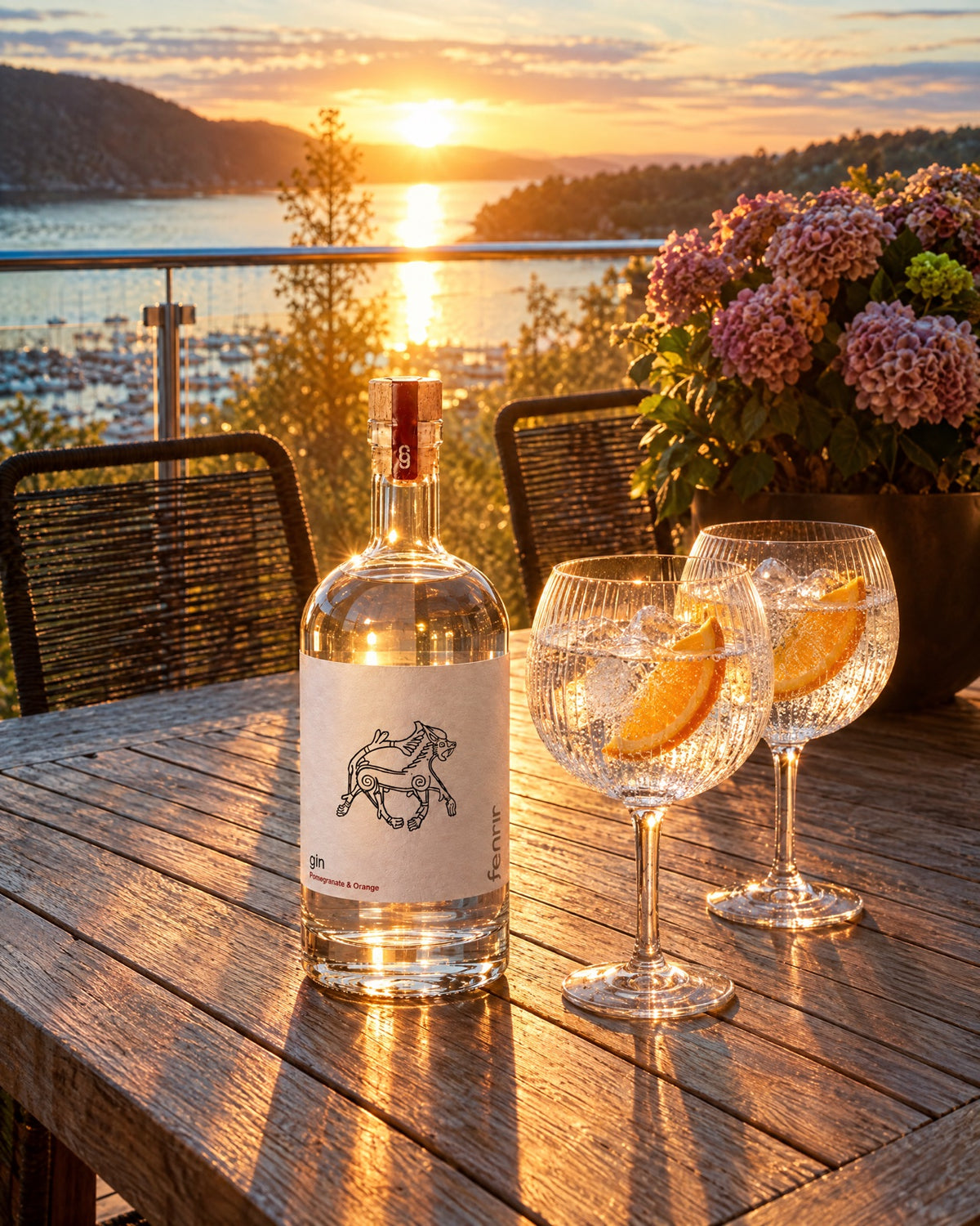 Fenrir gin and two balloon glasses of gin and tonic on a wooden deck table above the water at sunset