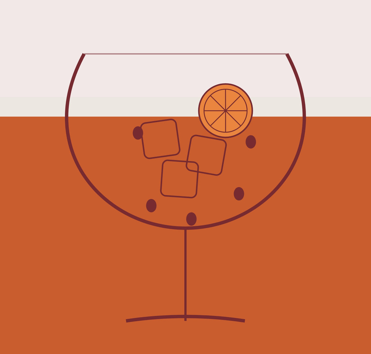 Stregtegning af et ballonglas med is, en appelsinskive og granatæblekerner på rosa og orange bånd