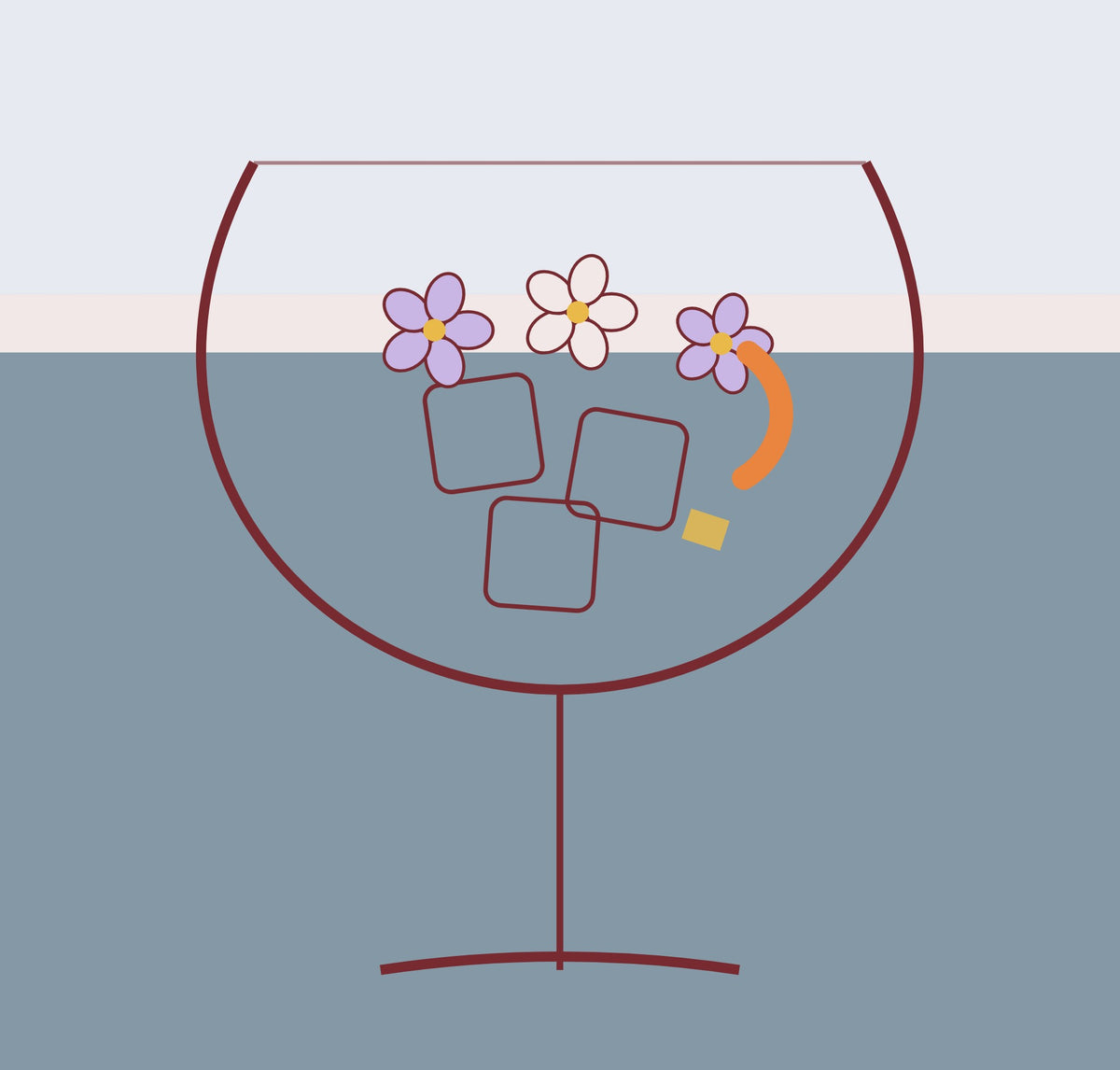 Stregtegning af et ballonglas med spiselige blomster og en appelsintwist på lyse og skiferblå bånd