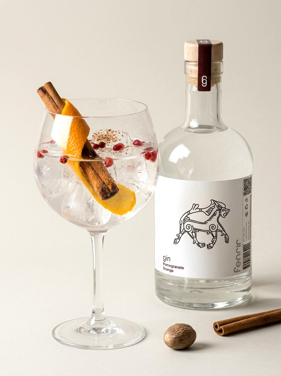 A spiced gin and tonic with cinnamon, orange peel and pomegranate beside a bottle of Fenrir