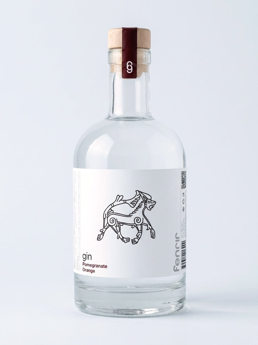 A bottle of Fenrir Pomegranate & Orange gin on a pale blue-grey background